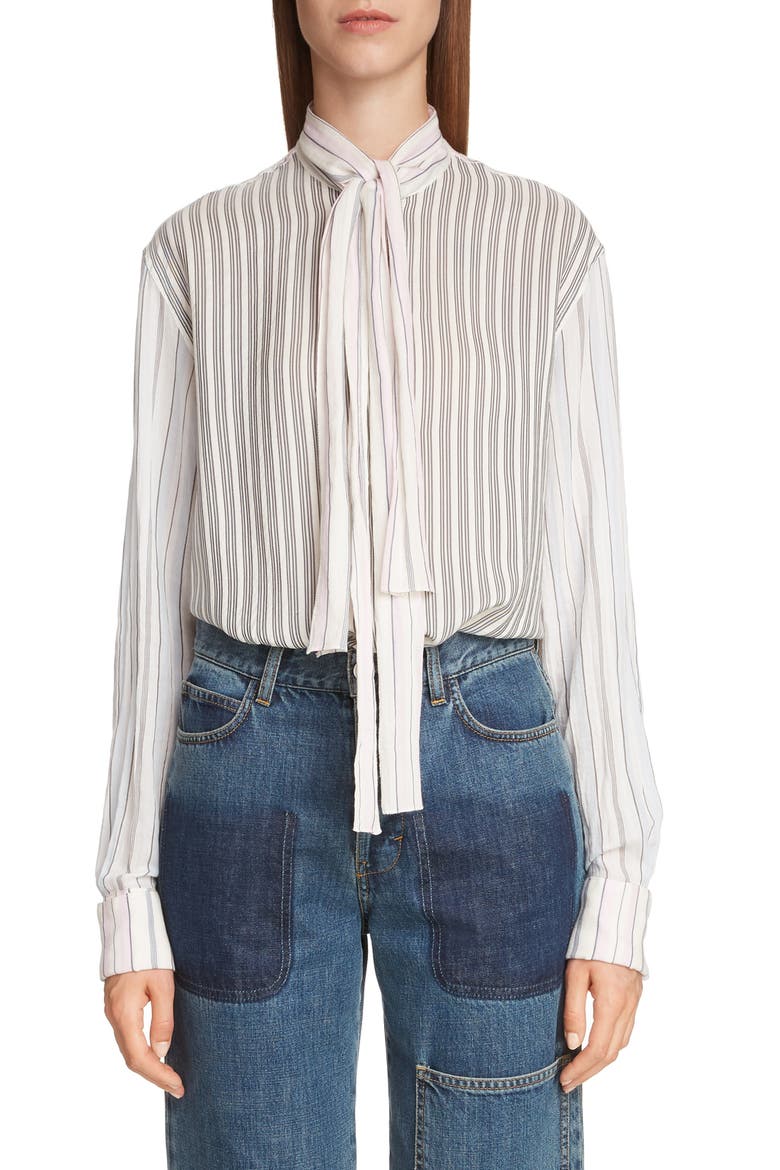 Pajama Stripe Tie Neck Blouse, Main, color, IVORY