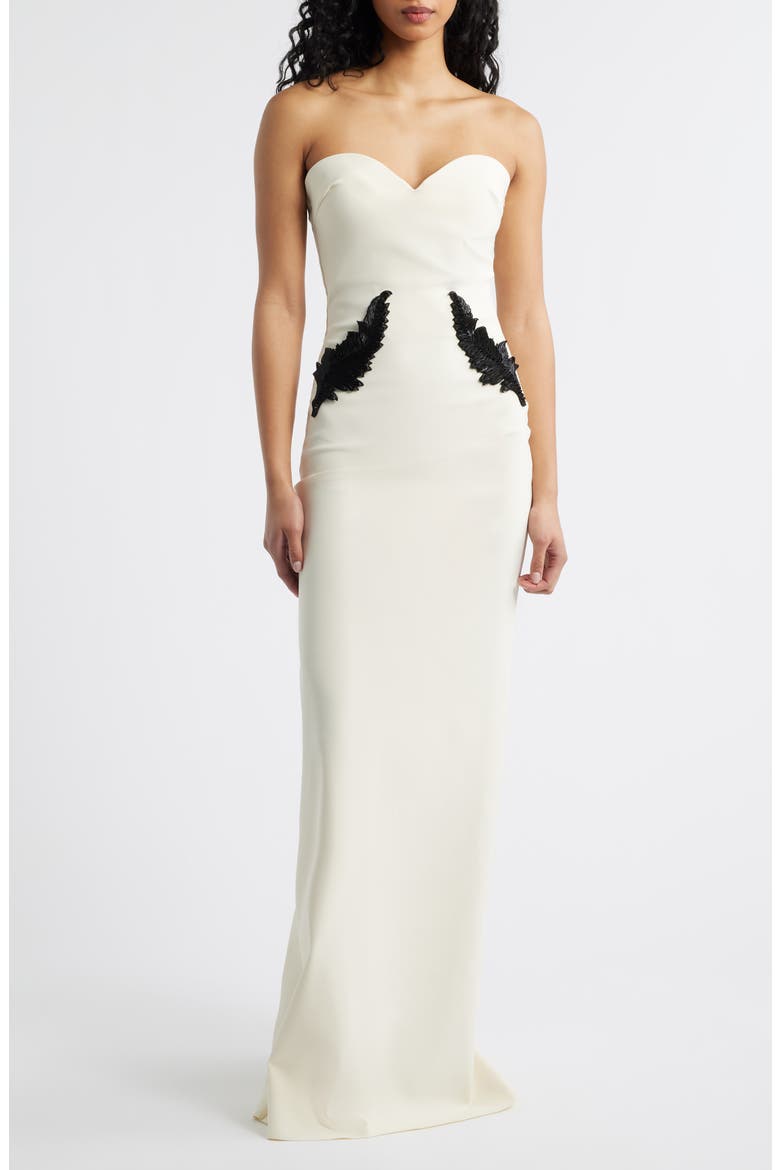 Ordana Feather Detail Strapless Satin Gown, Main, color, CREAM