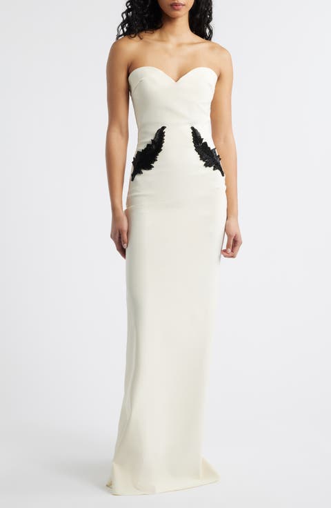 Ordana Feather Detail Strapless Satin Gown