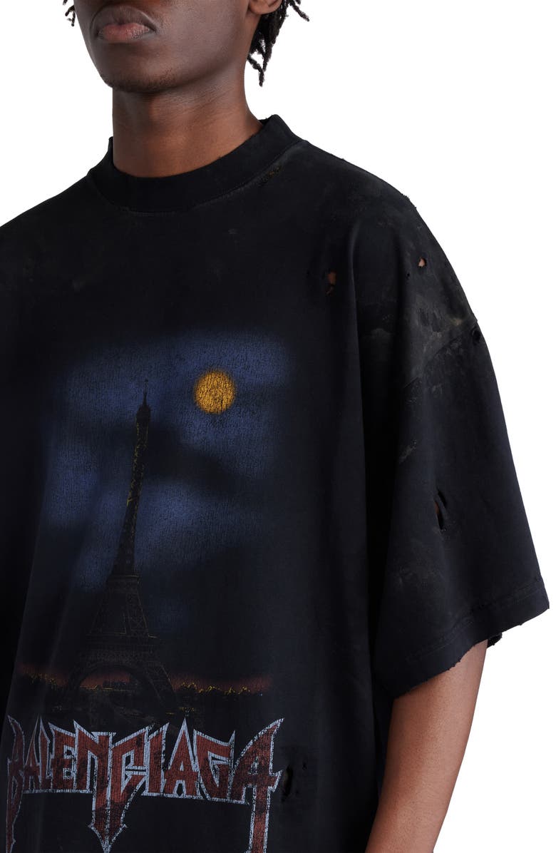 Balenciaga Paris Moon Oversize Distressed Cotton Graphic T-Shirt, Alternate, color, Black