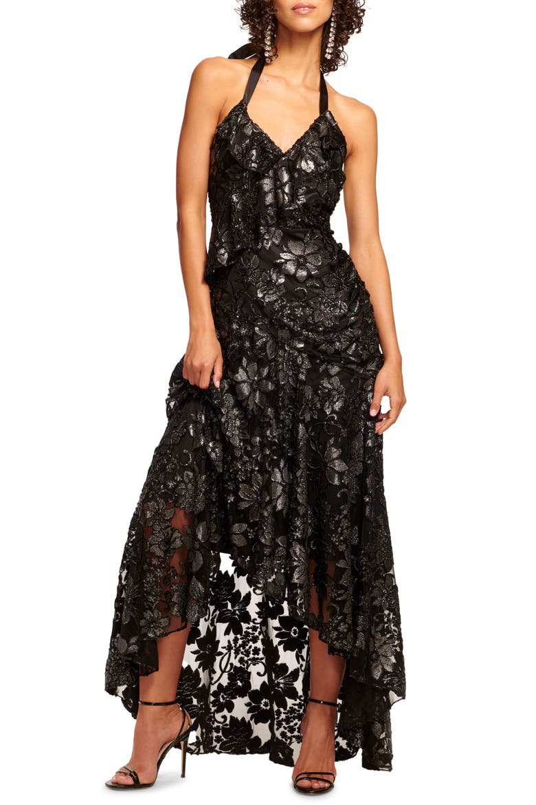 Chaplin Metallic Floral Halter High-Low Gown, Main, color, GUNMETAL FLOWER