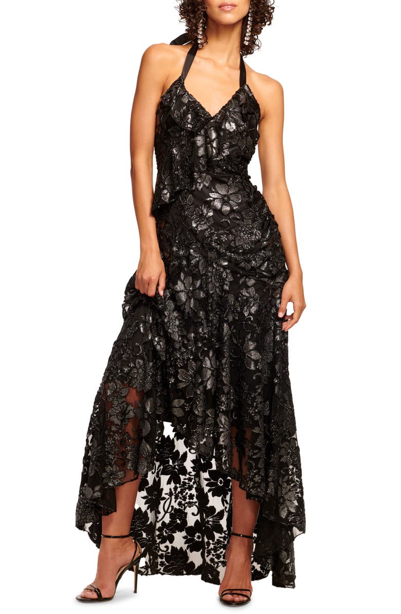 Ramy Brook Chaplin Metallic Floral Halter High-Low Gown, Main, color,