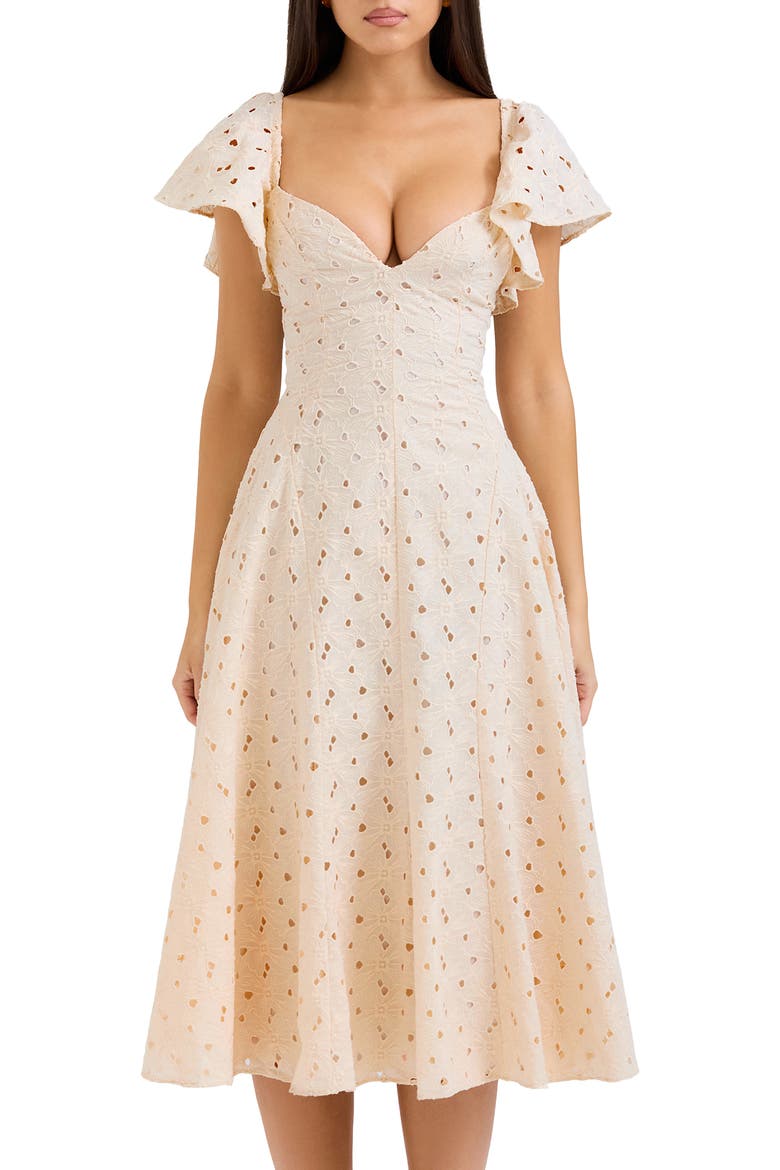 Amaya Flutter Sleeve Lace Midi Dress, Alternate, color, ECRU