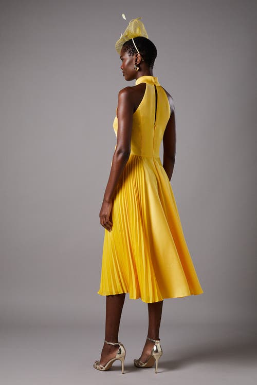 Coast Halter Pleated Asymmetric Hem Midi Dress In Yellow