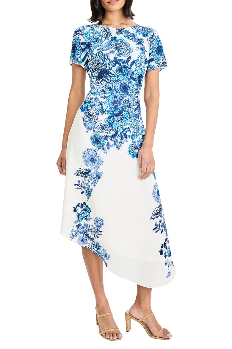 Cap Sleeve Asymmetrical Midi Dress, Main, color, WHISPER WHITE/ DUTCH BLUE
