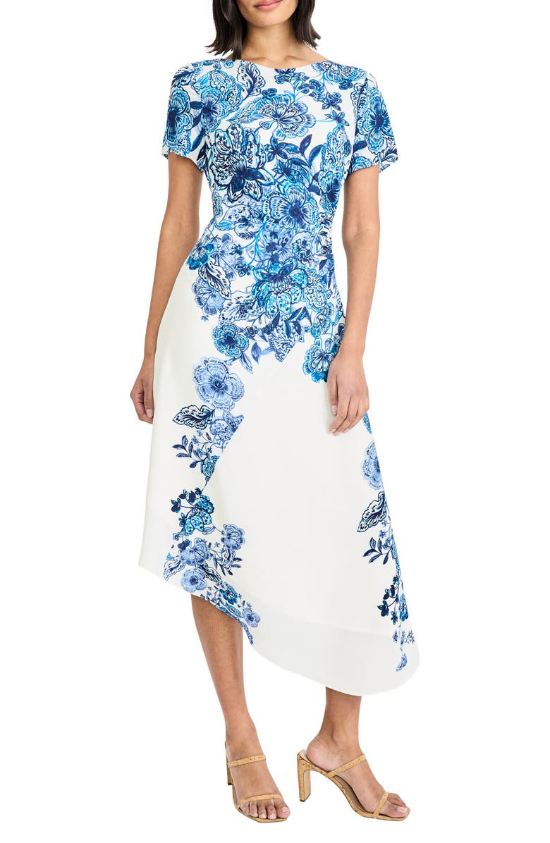 Maggy London Cap Sleeve Asymmetrical Midi Dress, Main, color, Whisper White/ Dutch Blue