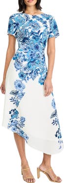 Maggy London Cap Sleeve Asymmetrical Midi Dress