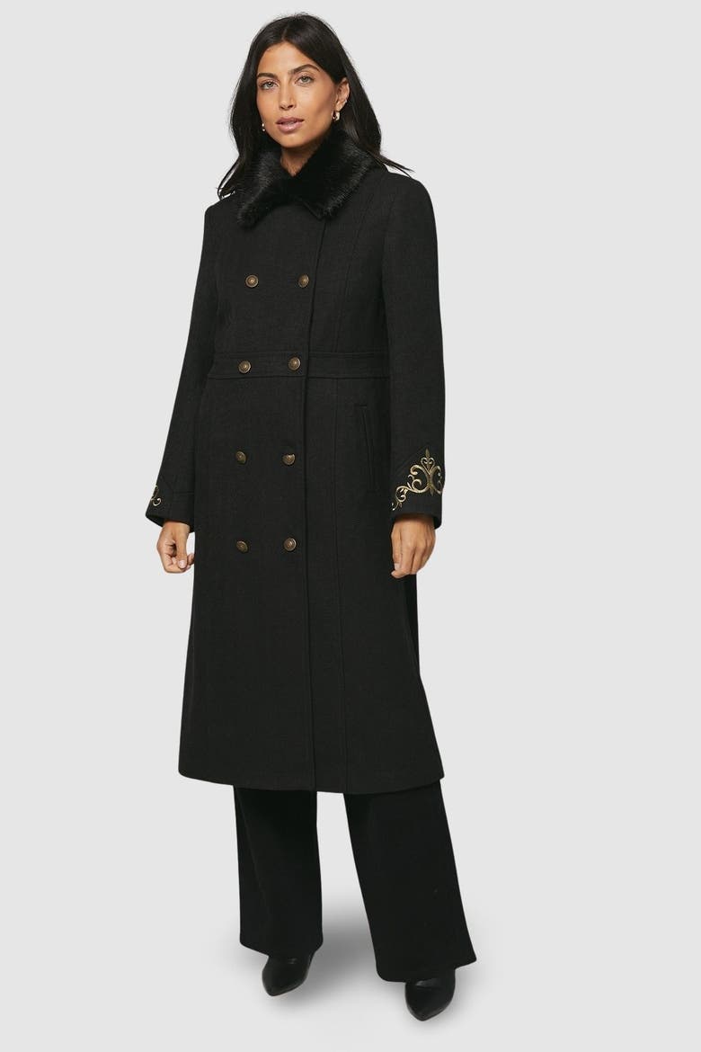 Faux Fur Military Coat, Main, color, Black