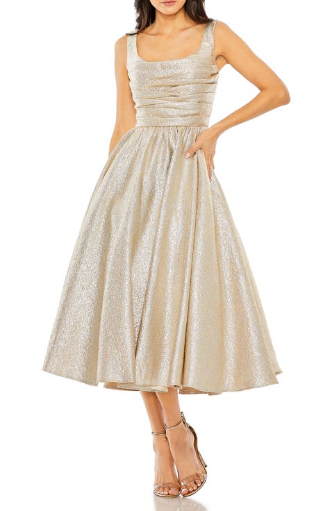 Shimmering Square Neck Sleeveless A-Line Midi Dress
