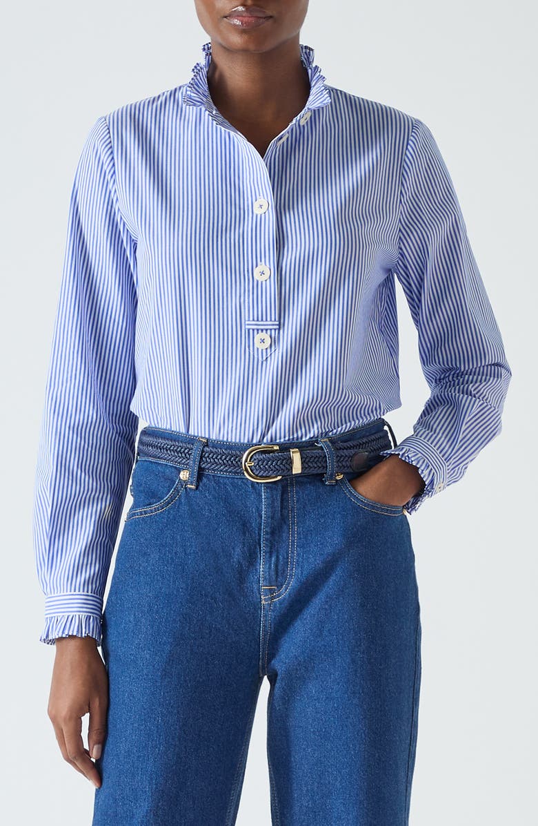LK Bennett Emile Stripe Ruffle Half-Button Shirt, Main, color, 
