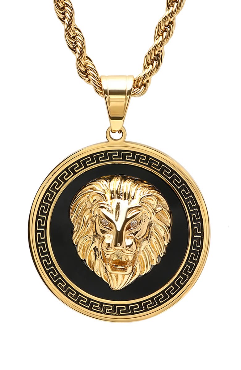 HMY JEWELRY Men's 18K Gold Plated Stainless Steel Lion Pendant Necklace, Alternate, color, Gold/ Black