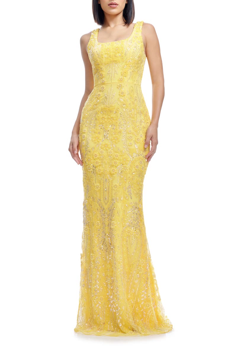 Tyra Beaded Chiffon Mermaid Gown, Main, color, CANARY