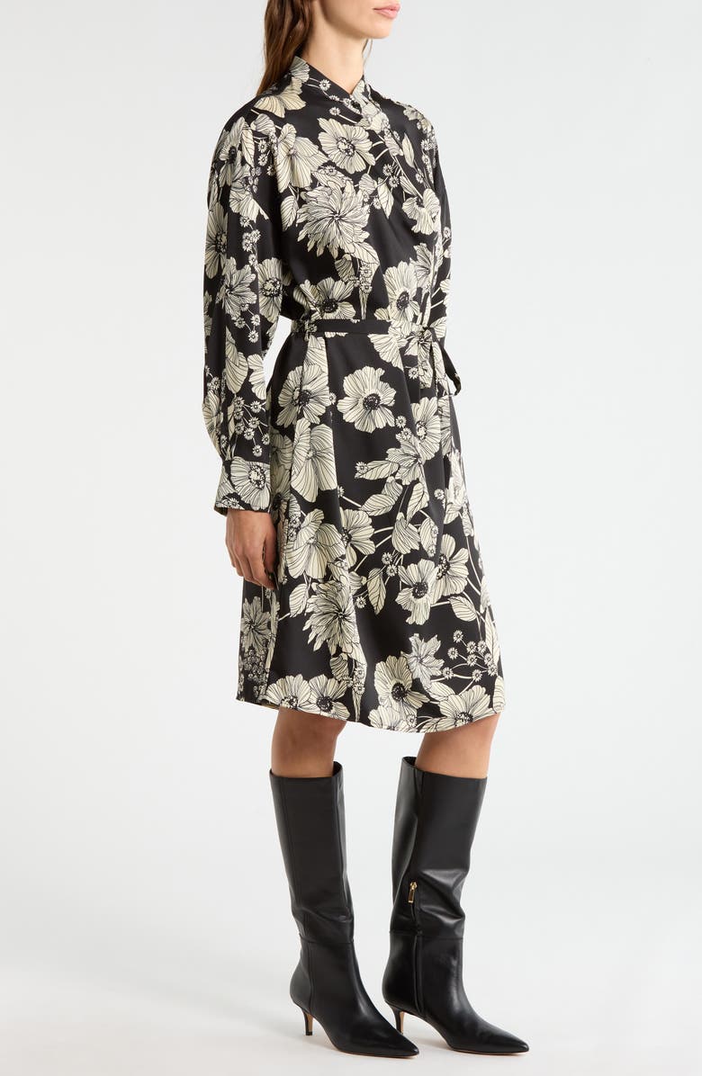 MELLODAY Floral Tie Belt Long Sleeve Dress, Alternate, color, Black Flower Multi