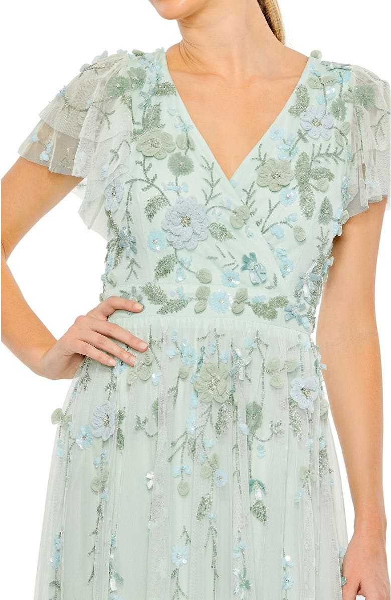 Mac Duggal Ruffle Tiered Embellished Faux Wrap Flutter Sleeve Gown, Alternate, color, Seafoam