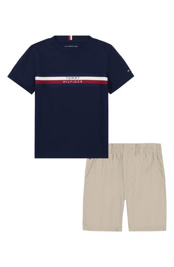 Tommy Hilfiger Kids' Logo Crew Tee & Cotton Twill Shorts In Navy