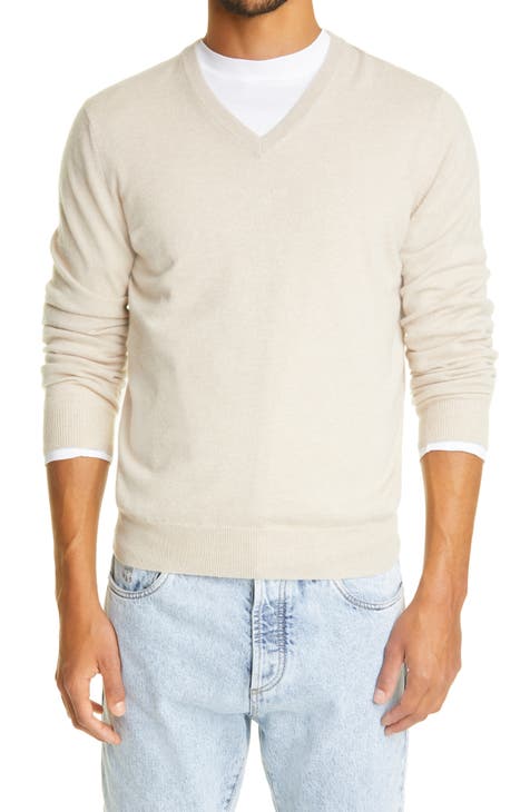 Cream v neck fashion sweater mens