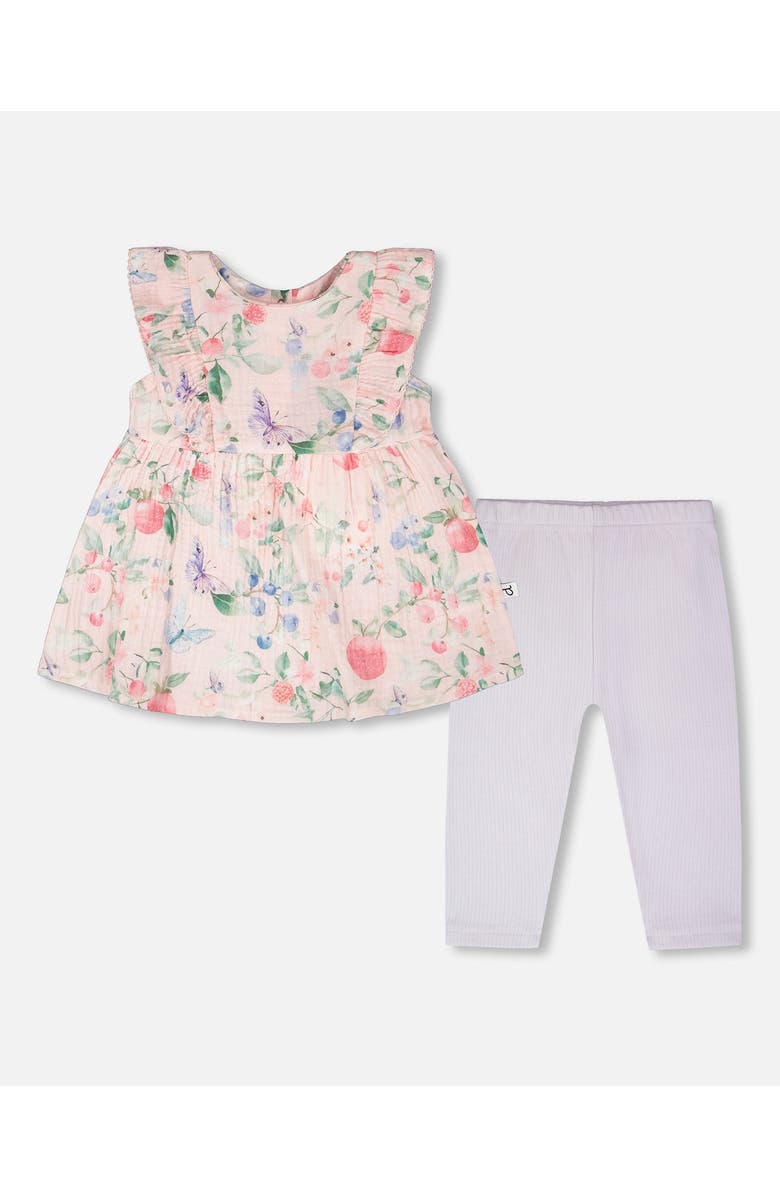 Deux par Deux Cotton Muslin Tunic and Rib Jersey Printed Berries Leggings Set, Main, color, Pink Printed Berries & Lilac