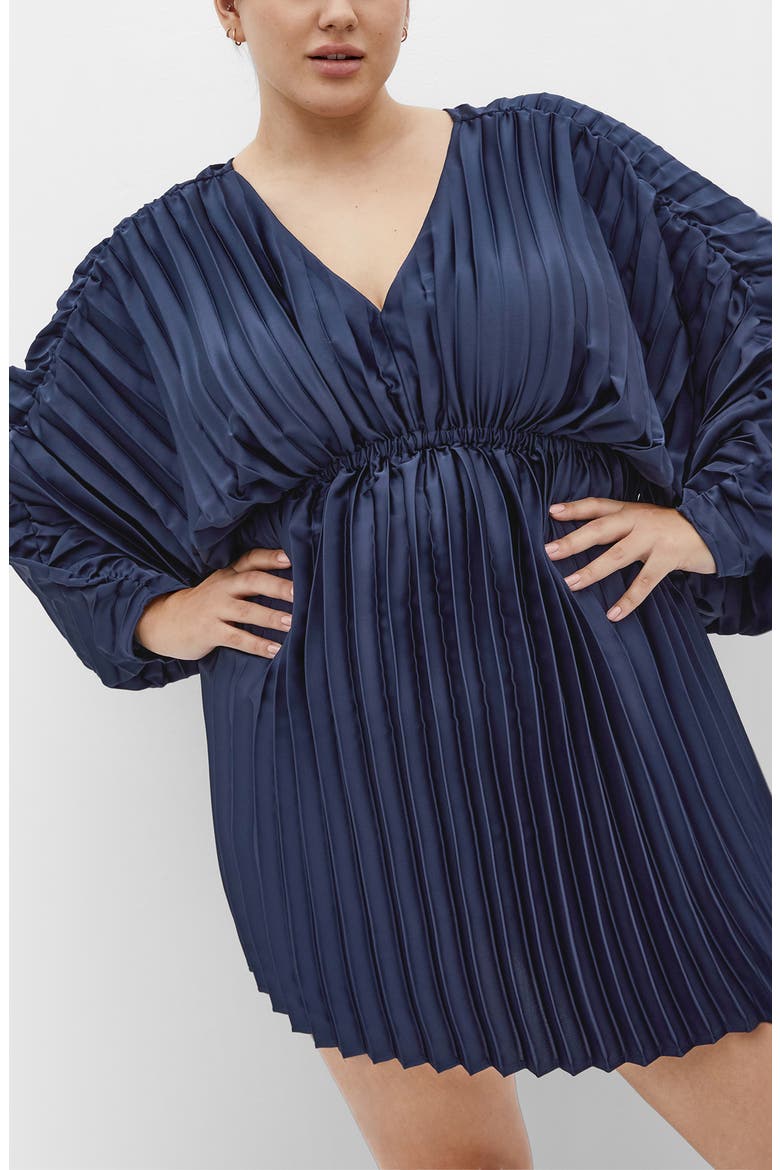 Chloe Pleated Long Sleeve Satin Minidress, Main, color, NAVY