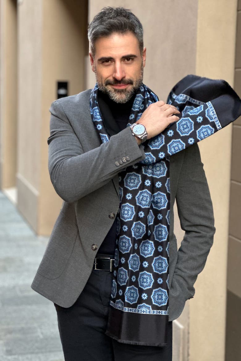 Jove - Wool Backed Silk Scarf for Men, Alternate, color, Blue and Black