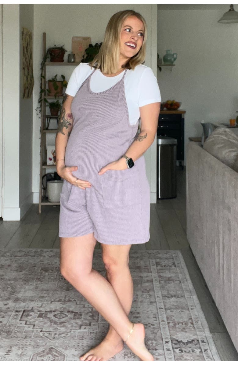 PinkBlush Solid Ribbed V-Neck Sleeveless Front Pocket Romper, Alternate, color, Purple