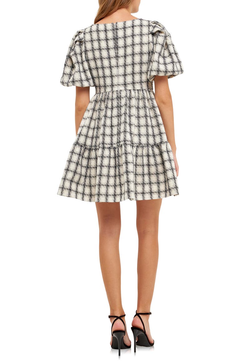 Gingham Puff Sleeve Tweed Minidress, Alternate, color, WHITE