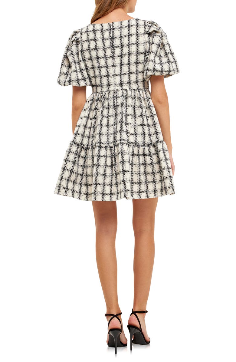 English Factory Gingham Puff Sleeve Tweed Minidress, Alternate, color, White