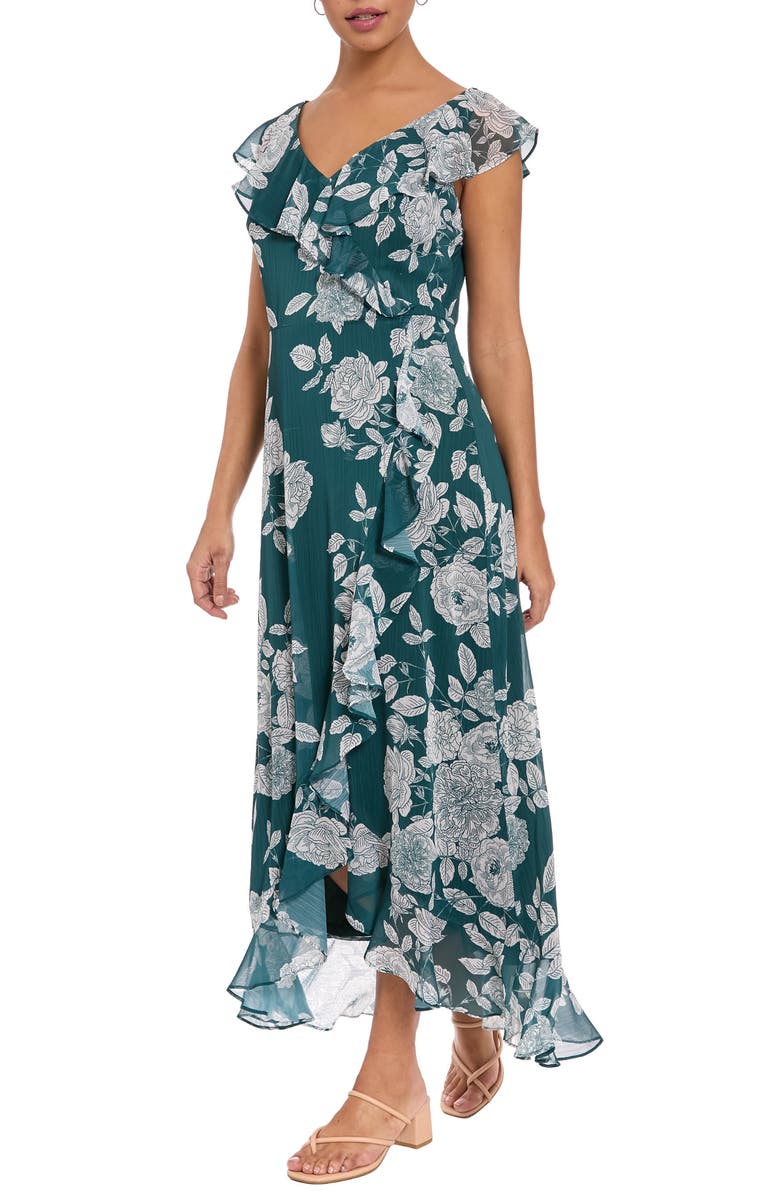 London Times Ruffle Trim High/Low Maxi Dress, Alternate, color, Atlantic Deep/ White Alyssum