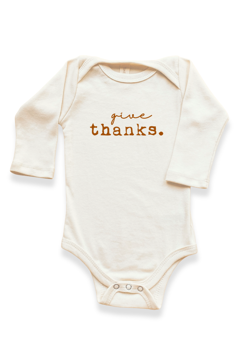 Give Thanks - Organic Long Sleeve Baby Bodysuit, Main, color, Natural Rust Lettering