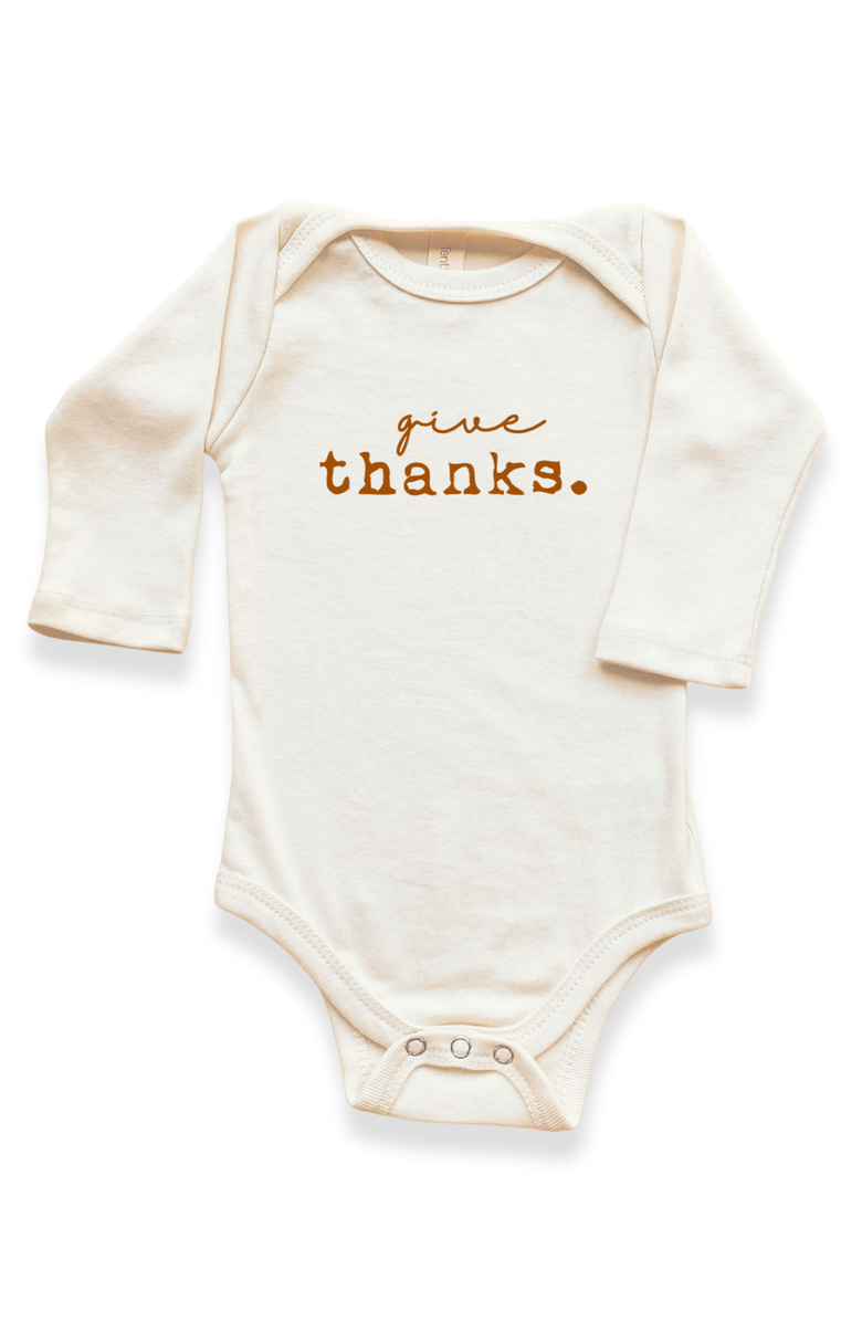 Tenth & Pine Give Thanks - Organic Long Sleeve Baby Bodysuit, Main, color, Natural Rust Lettering