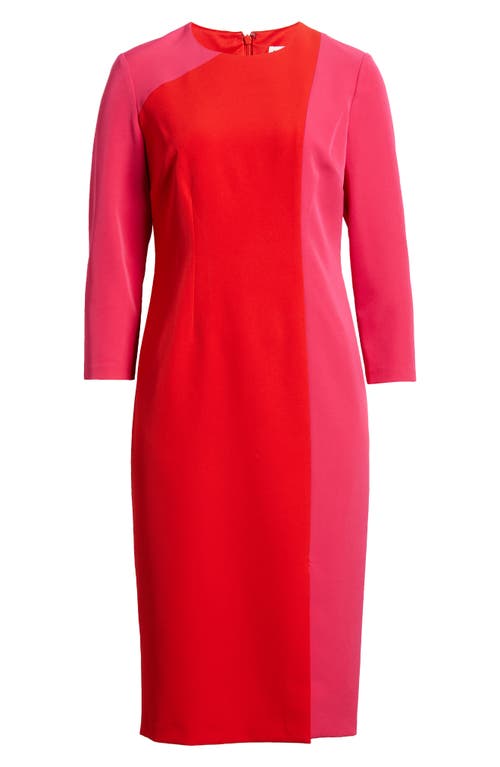 Anne Klein Colorblock Three-quarter Sleeve Sheath Dress In Fuchsia Rose/poppy (5dn)