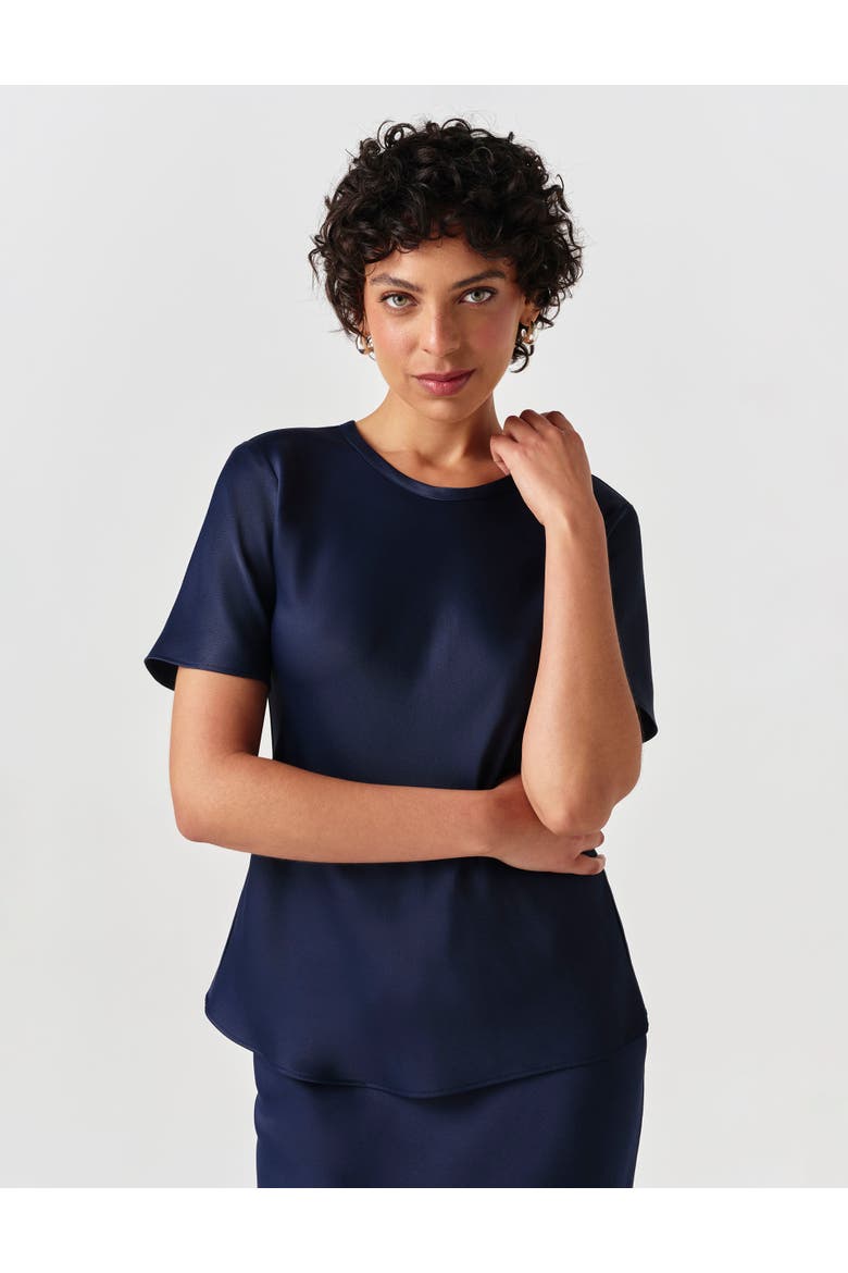 Ria Short Sleeve Satin Top, Alternate, color, Navy