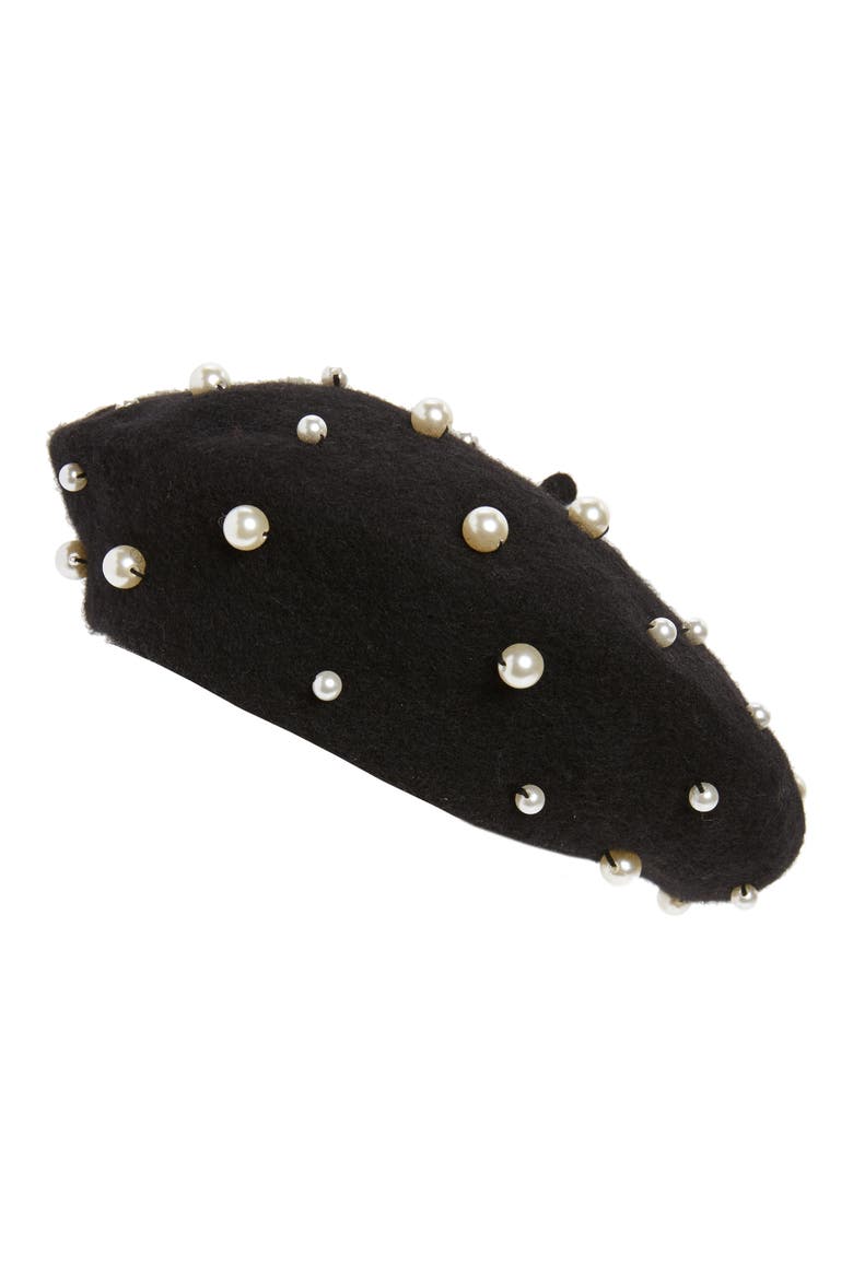 Imitation Pearl Wool Blend Beret, Main, color, BLACK MULTI
