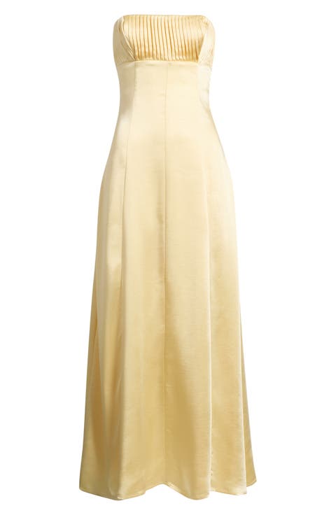 Masterpiece Pleated Strapless Satin Gown