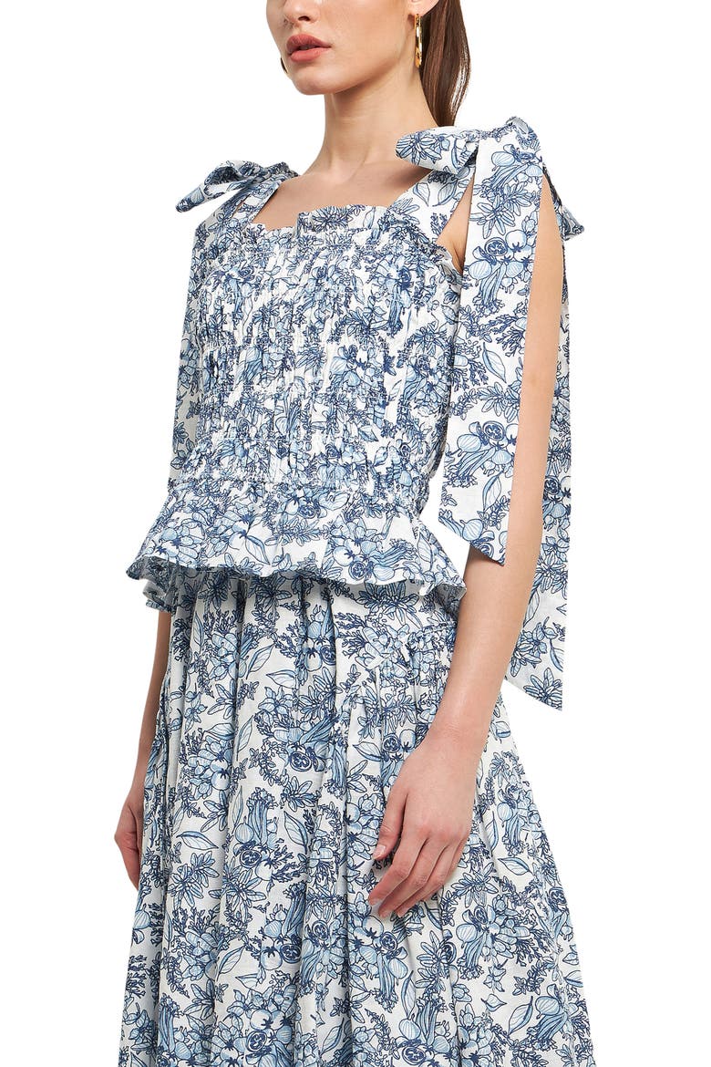 Smocked Tie Shoulder Linen Blend Tank, Alternate, color, BLUE