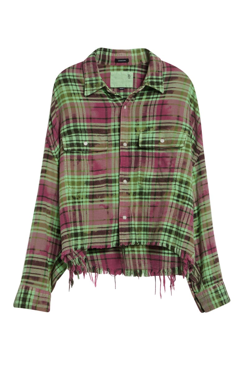 Oversize Fray Hem Plaid Button-Up Crop Work Shirt, Alternate, color, PINK OVERDYED GREEN PLAID