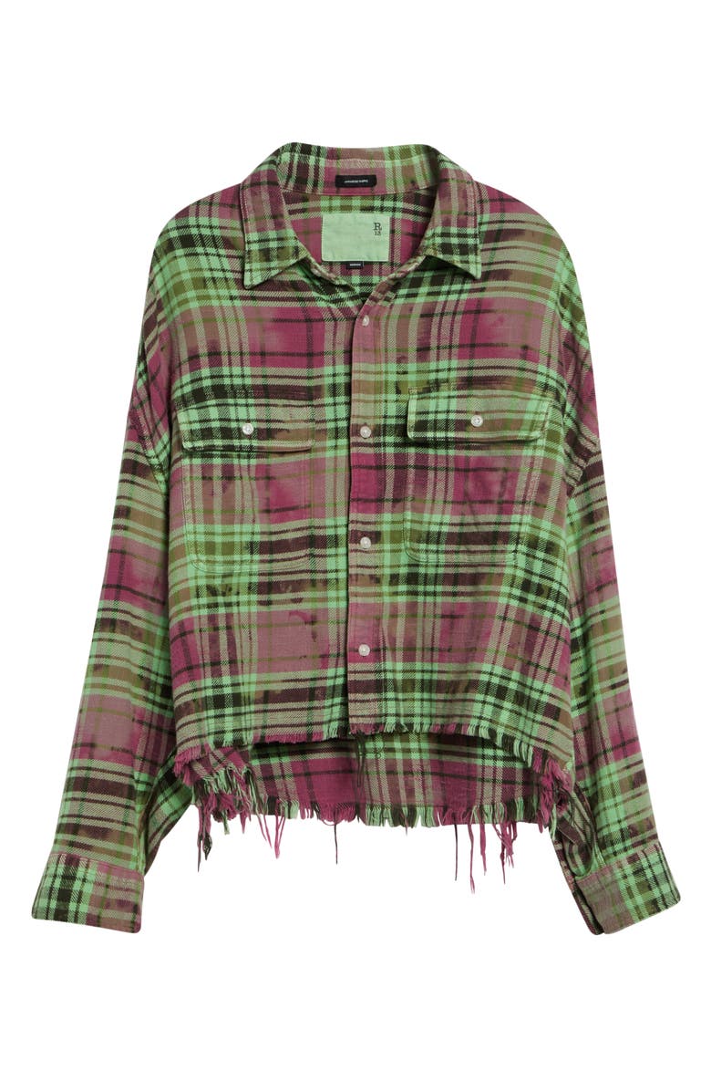 R13 Oversize Fray Hem Plaid Button-Up Crop Work Shirt, Alternate, color, Pink Overdyed Green Plaid