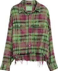R13 Oversize Fray Hem Plaid Button-Up Crop Work Shirt