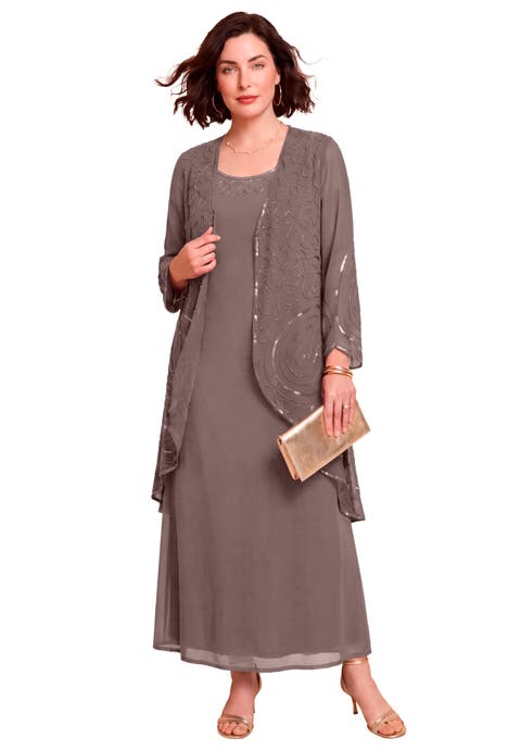 Plus Size 2 Piece Long Sleeve Beaded Georgette Gown Set With Detachable Jacket (plus)