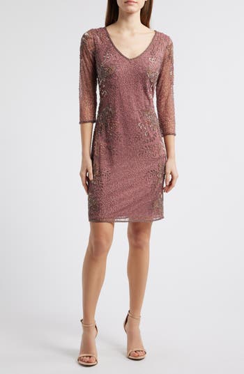 Pisarro Nights Beaded V-neck Cocktail Dress In Brown