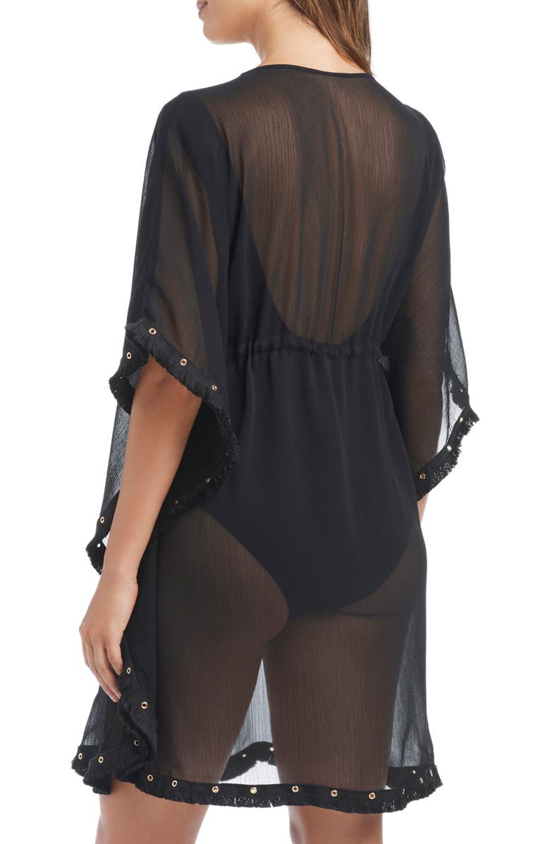 BLEU by Rod Beattie Fringe Trim Sheer Cover-Up Caftan, Alternate, color, Black