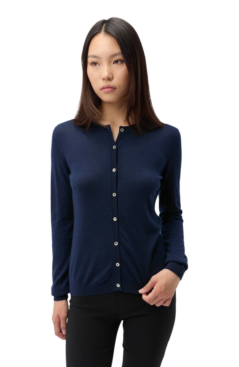 GOBI Mongolian Cashmere Cashmere-Silk Crew Neck Cardigan, Alternate, color, Mood Indigo