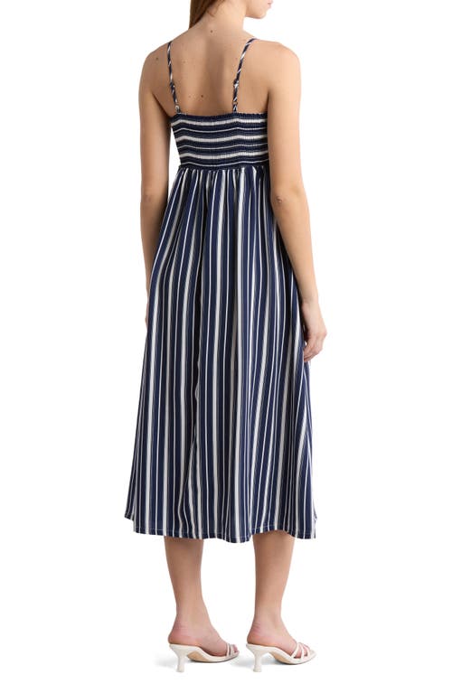Melrose And Market Stripe Babydoll Midi Dress In Navy Denim Nova Stripe
