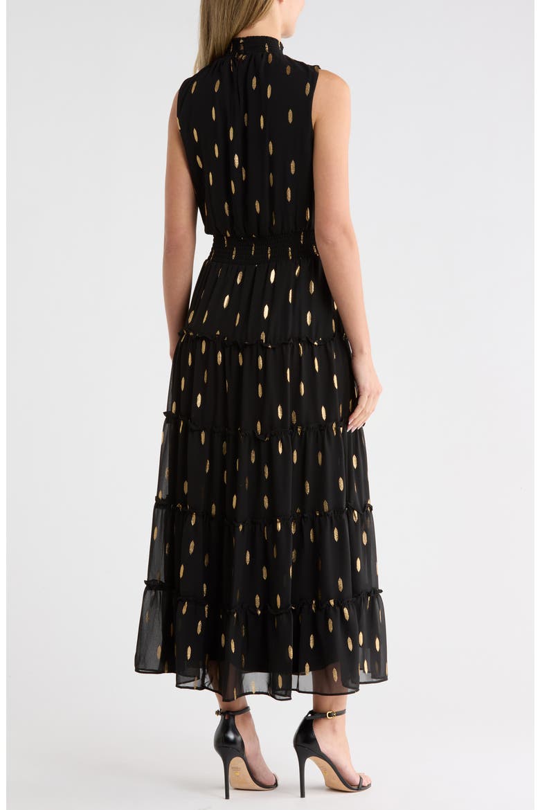 Print Smocked Mock Neck Tiered Maxi Dress, Alternate, color, BLACK/GOLD
