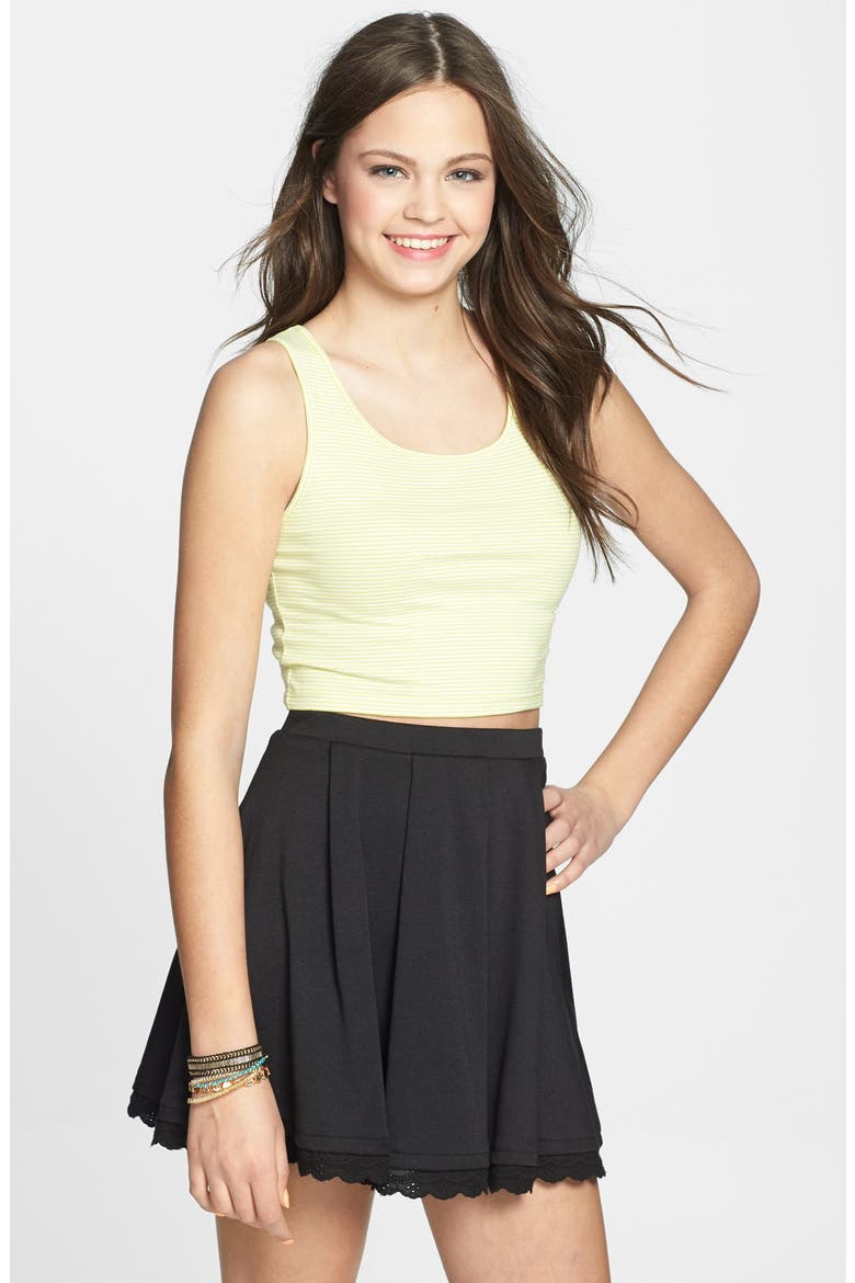 Lace Trim Pleat Skater Skirt, Main, color, BLACK