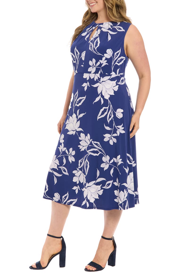 Keyhole Midi Dress, Alternate, color, NAVY/ IVORY