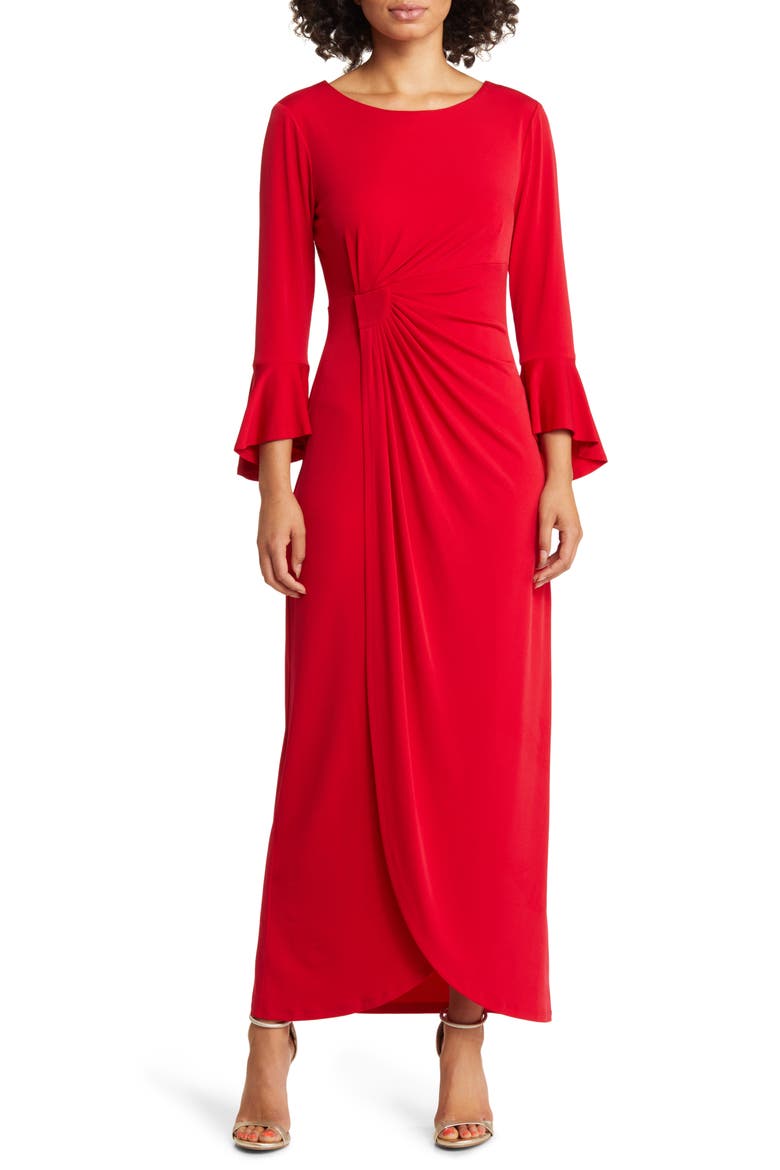 Bell Sleeve Gathered Waist Gown, Main, color, APPLE RED