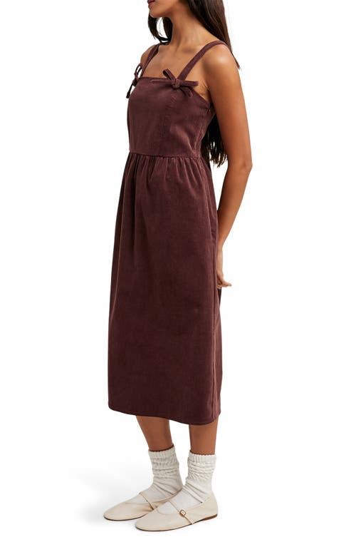 Wishlist Corduroy Bow Strap Overalls Midi Dress In Brown