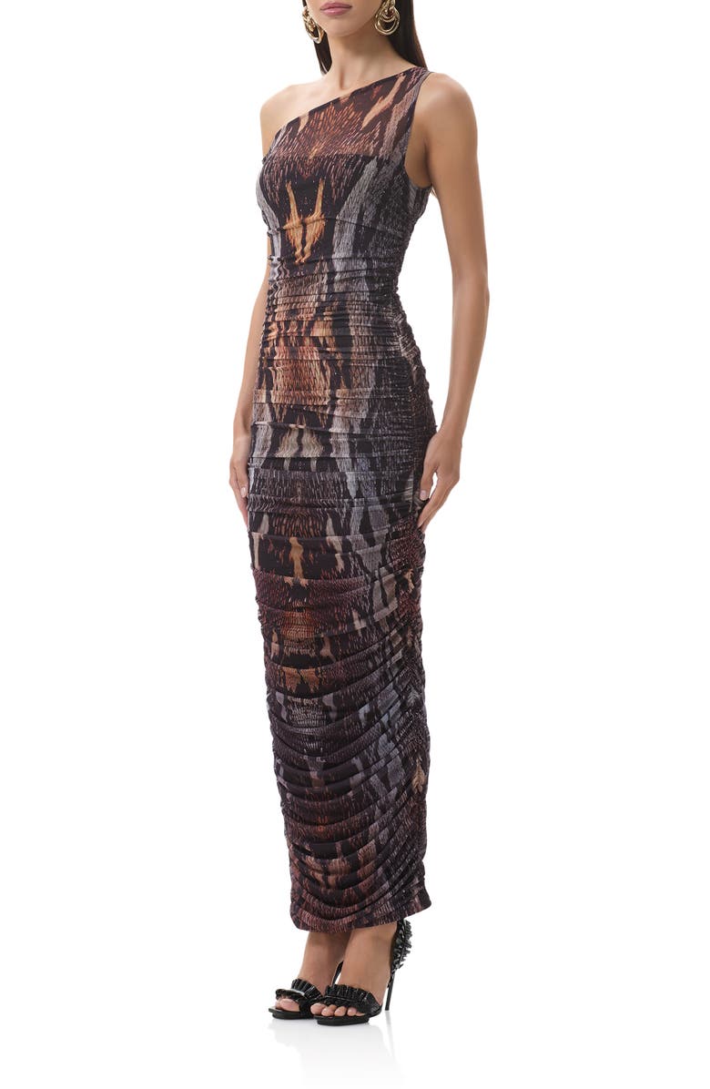 AFRM Biona Printed One-Shoulder Ruched Mesh Maxi Dress, Alternate, color, Placed Umber Snake