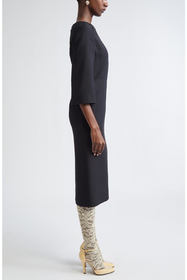 Beaded Bow Detail Crepe Couture Sheath Dress, Alternate, color, BLACK