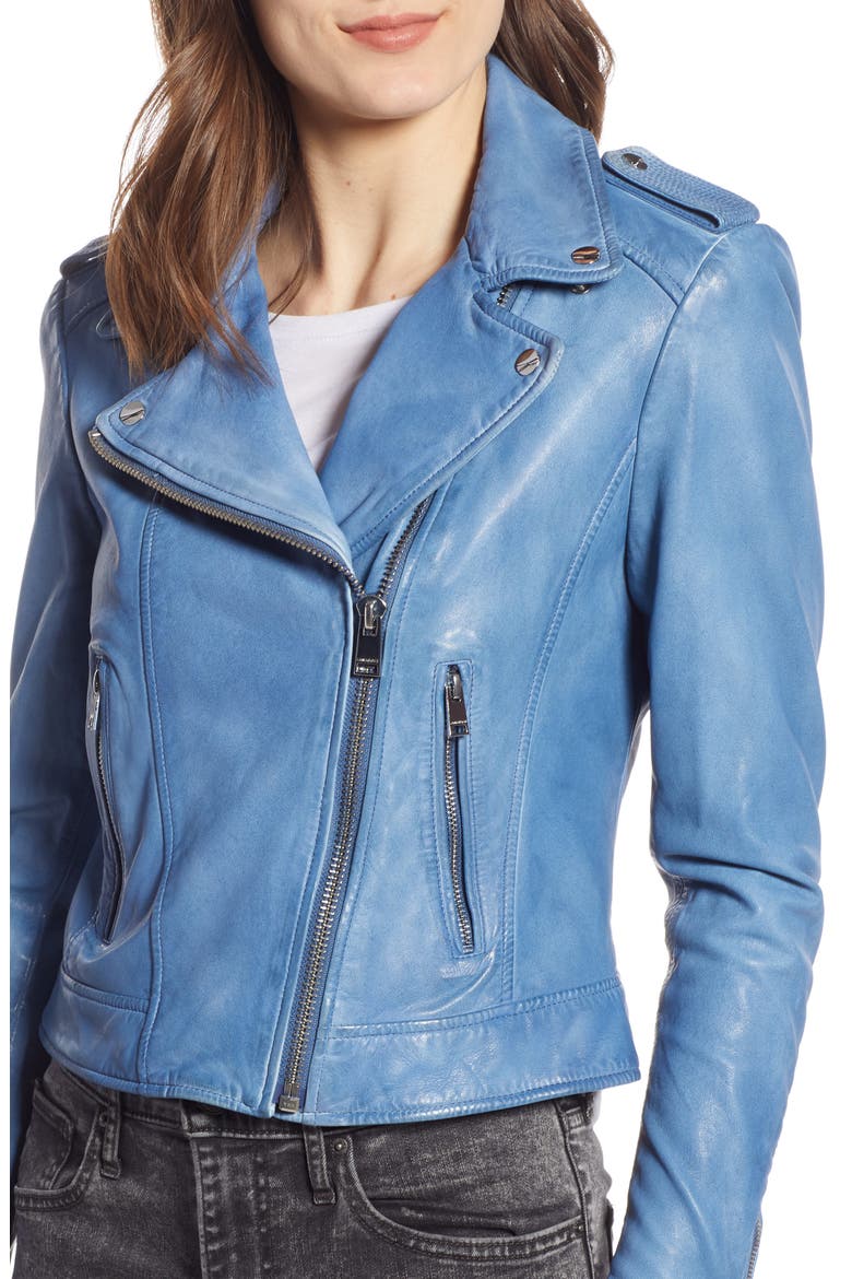 Donna Lambskin Leather Moto Jacket, Alternate, color, FADED DENIM